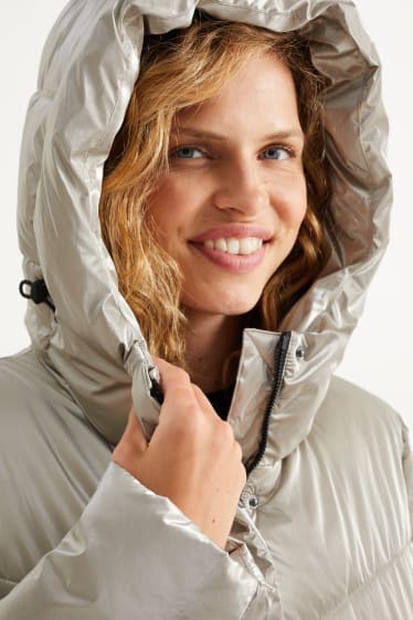 Women - Quilted coat with hood - silver