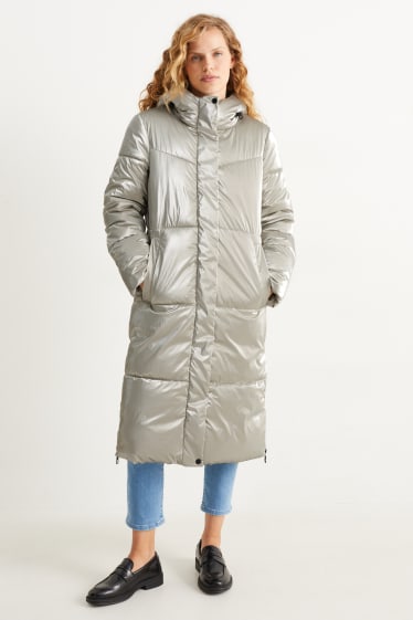 Women - Quilted coat with hood - silver