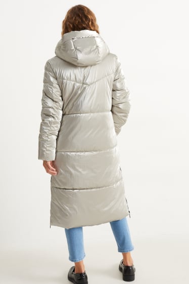Women - Quilted coat with hood - silver