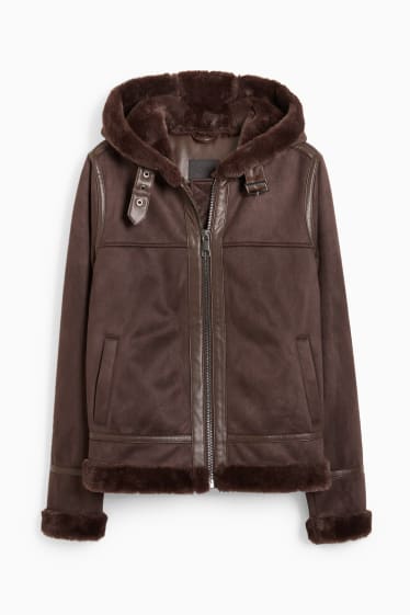 Women - Faux shearling jacket with hood - faux suede - dark brown