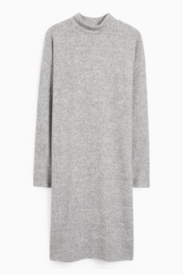 Women - Basic knitted dress with band collar - light gray-melange