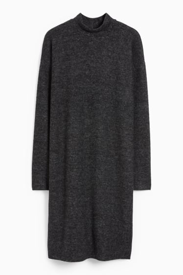 Women - Basic knitted dress with band collar - dark gray