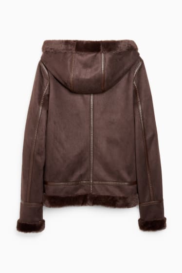 Women - Faux shearling jacket with hood - faux suede - dark brown