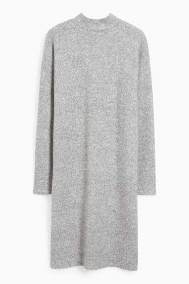 Women - Basic knitted dress with band collar - light gray-melange