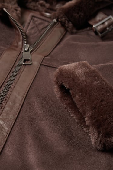 Donna - Giacca di finta lana shearling con cappuccio - similpelle scamosciata - marrone scuro