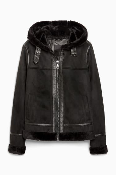 Donna - Giacca di finta lana shearling con cappuccio - similpelle scamosciata - nero