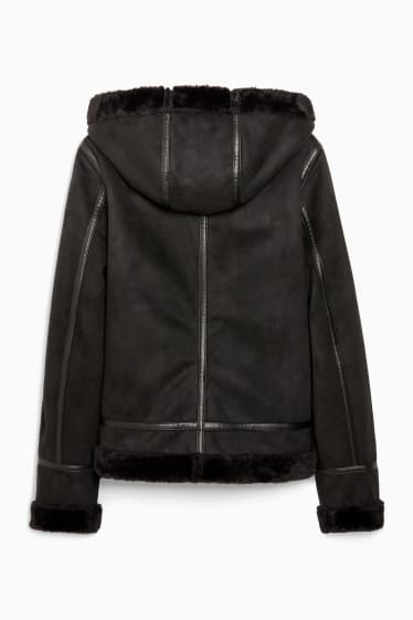 Women - Faux shearling jacket with hood - faux suede - black