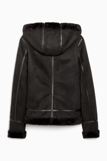 Damen - Faux Shearling Jacke mit Kapuze - Velourslederimitat - schwarz