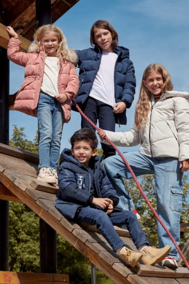 Kinderen: meisjes - Gewatteerde jas met capuchon en imitatiebontrandje - roze