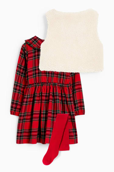 Children - Set - dress, teddy fur waistcoat and tights - 3 piece - dark red