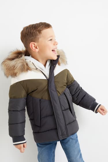 Kinder Buben - Steppjacke mit Kapuze und Kunstfellbesatz - grün