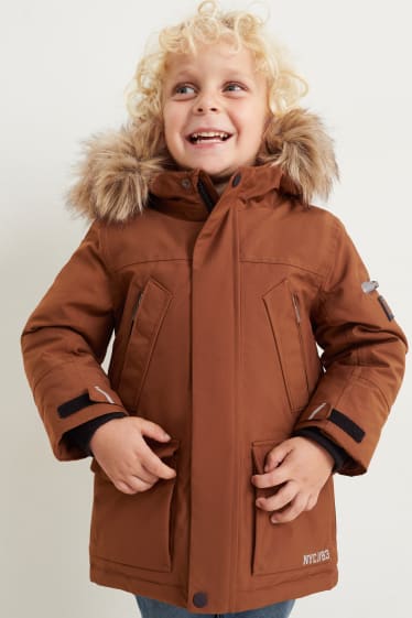 Enfants garçons - Veste avec capuche et garniture en imitation fourrure - marron