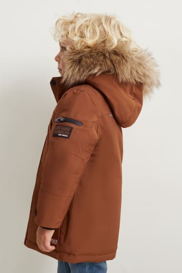 Enfants garçons - Veste avec capuche et garniture en imitation fourrure - marron