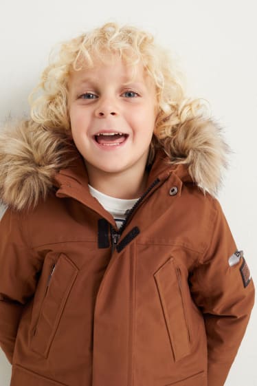 Enfants garçons - Veste avec capuche et garniture en imitation fourrure - marron