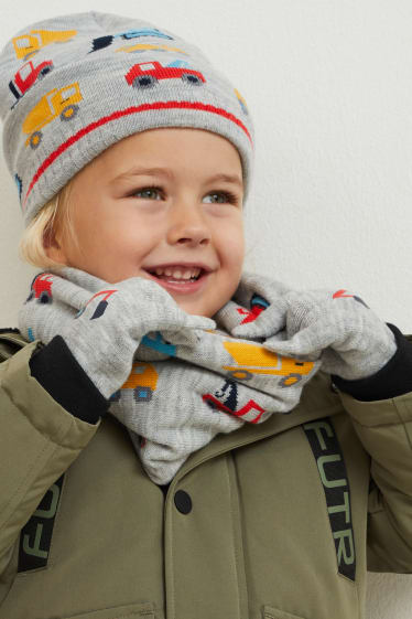 Enfants garçons - Pelleteuse - ensemble - bonnet, tour de cou et gants - 3 pièces - gris clair