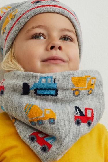 Enfants garçons - Pelleteuse - ensemble - bonnet, tour de cou et gants - 3 pièces - gris clair