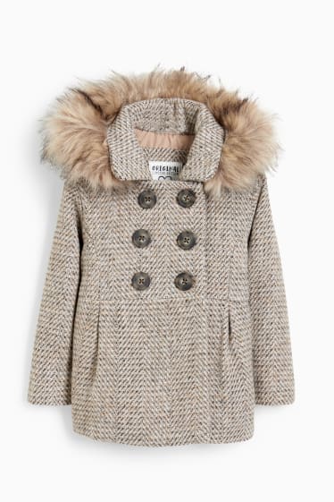 Enfants filles - Veste avec capuche et garniture en imitation fourrure - beige