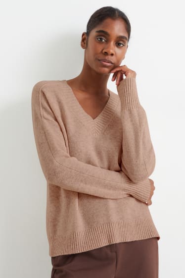 Women - V-neck jumper - wool blend - light beige