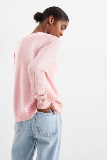 Women - V-neck jumper - wool blend - pink