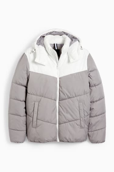 Pánské - Prošívaná bunda s kapucí - bílá/šedá