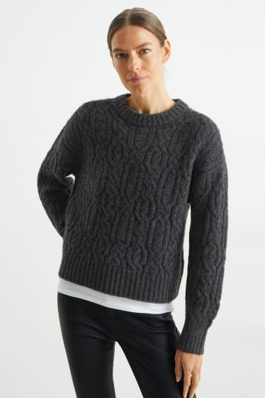 Damen - Pullover mit Zopfmuster - dunkelgrau