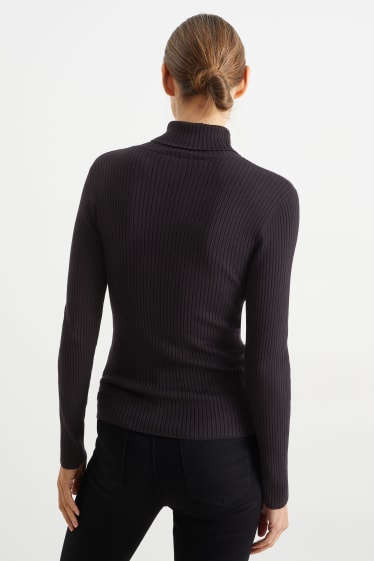 Damen - Basic-Rollkragenpullover - gerippt - schwarz