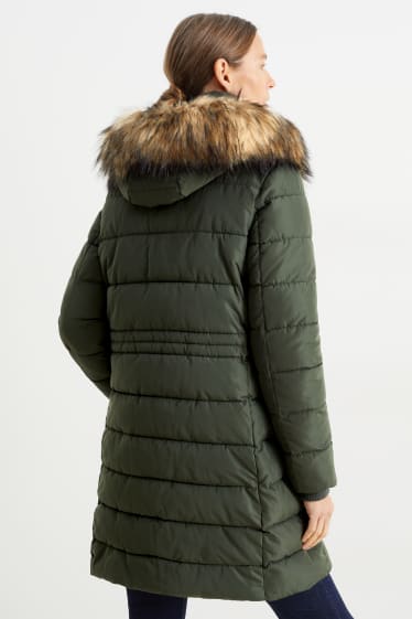 Donna - Cappotto trapuntato con cappuccio e riporto di ecopelliccia. - verde scuro