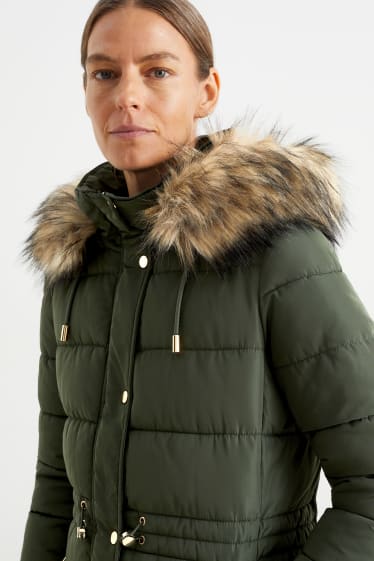 Donna - Cappotto trapuntato con cappuccio e riporto di ecopelliccia. - verde scuro