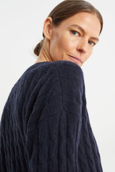 Donna - Maglione di cashmere - motivo a treccia - blu scuro