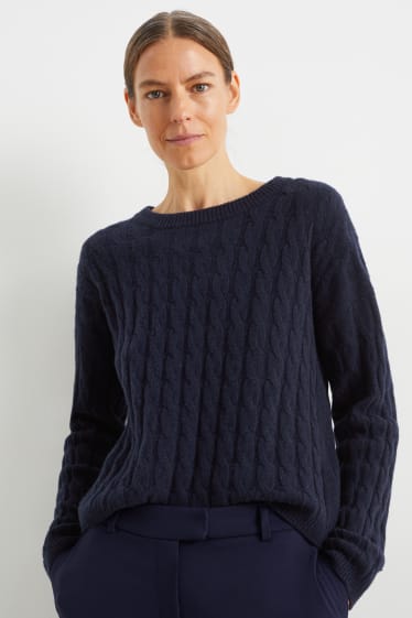 Damen - Kaschmir-Pullover - Zopfmuster - dunkelblau