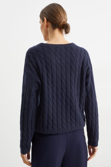 Donna - Maglione di cashmere - motivo a treccia - blu scuro