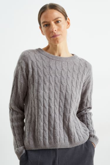 Kobiety - Sweter z kaszmiru - wzór warkocza - szary