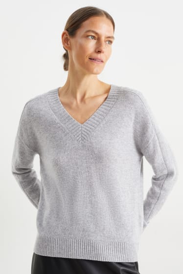 Donna - Maglione con scollo a V - misto lana - grigio