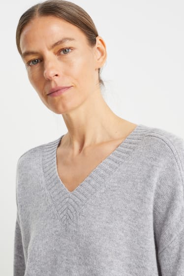 Damen - Pullover mit V-Ausschnitt - Woll-Mix - grau