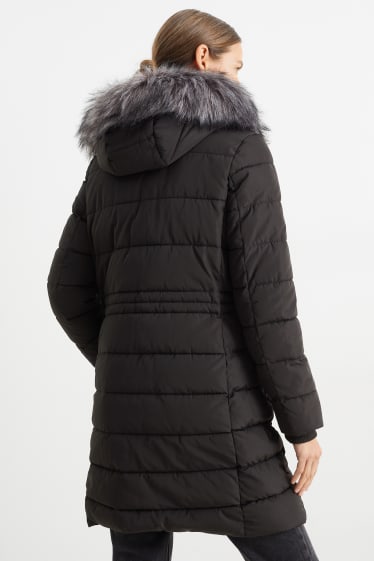 Women - Quilted coat with hood and faux fur trim - black