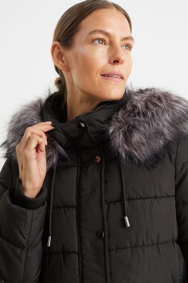 Women - Quilted coat with hood and faux fur trim - black