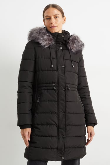 Women - Quilted coat with hood and faux fur trim - black