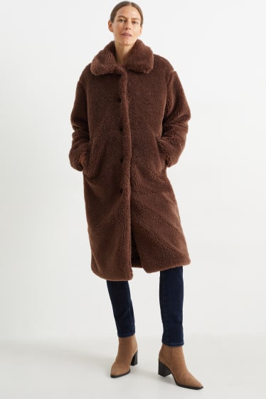 Women - Teddy fur coat - dark brown