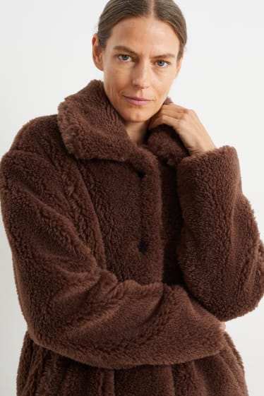 Women - Teddy fur coat - dark brown