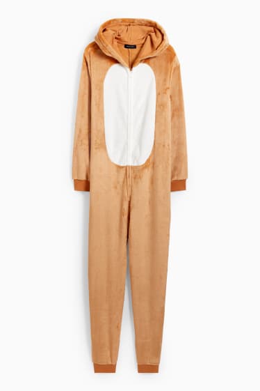 Damen - Weihnachts-Fleece-Onesie mit Kapuze - hellbraun