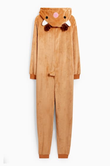 Damen - Weihnachts-Fleece-Onesie mit Kapuze - hellbraun