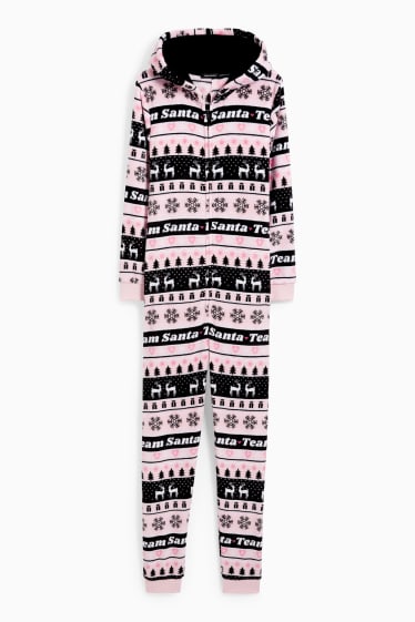 Damen - Weihnachts-Fleece-Onesie mit Kapuze - rosa
