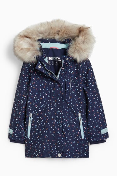 Children - Rain jacket with hood and faux fur trim - patterned - dark blue