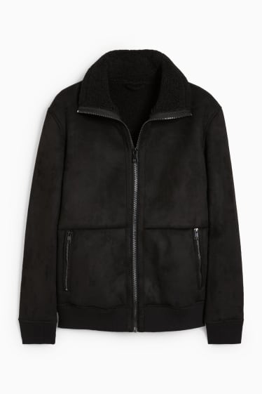 Uomo - Giacca di finta lana shearling - similpelle scamosciata - nero