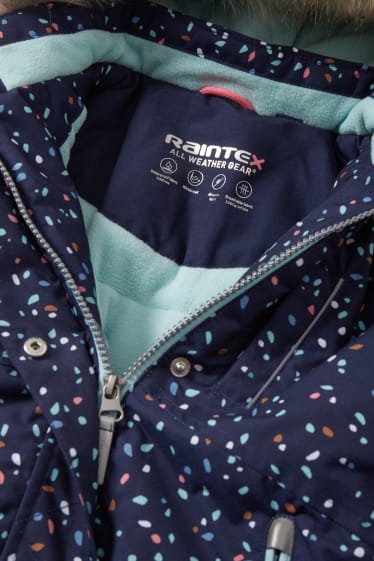 Kinder Mädchen - Regenjacke und Kunstfellbesatz - wasserdicht - gemustert - dunkelblau