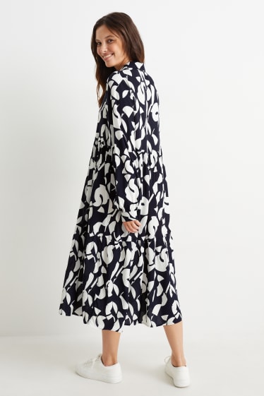 Dames - Blousejurk van viscose - met patroon - donkerblauw / wit