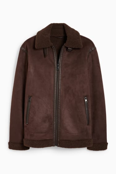 Men - Faux shearling jacket - faux suede  - dark brown