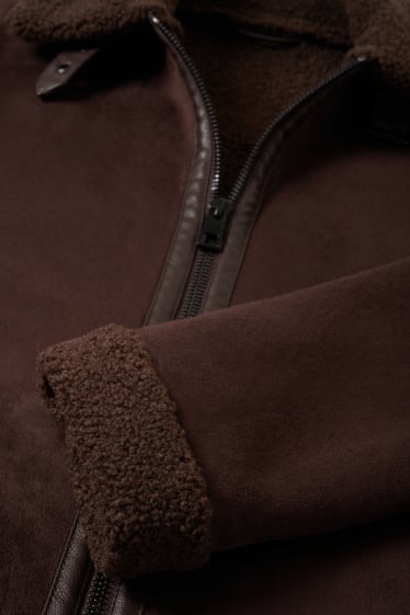 Men - Faux shearling jacket - faux suede  - dark brown