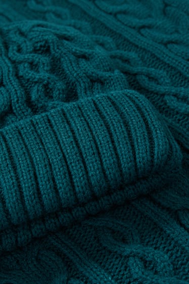 Pánské - Souprava - pletená čepice a šála - 2dílná - s copánkovým vzorem - tmavozelená