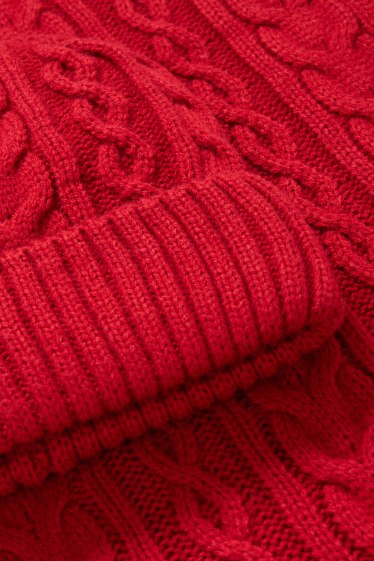 Uomo - Set - berretto in maglia e sciarpa - 2 pezzi - motivo treccia - rosso scuro